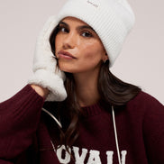 The Knit Beanie in Ecru, close-up view