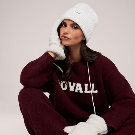 The Knit Beanie in Ecru, side view